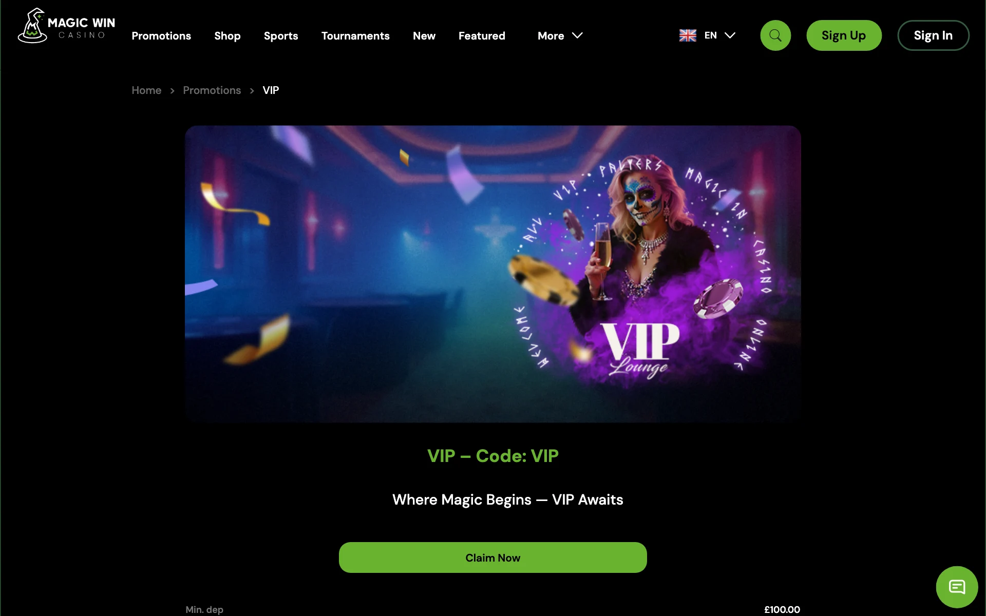 Magic Win VIP deposit offer card, code VIP