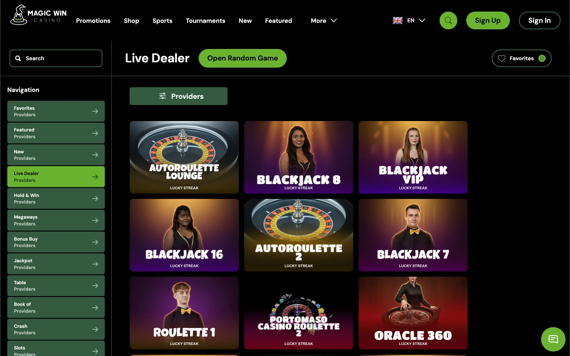 Magic Win live dealer lobby with roulette and blackjack tables
